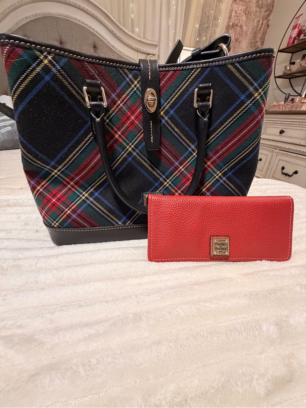 Dooney & Bourke Red Wallet with Navy Multi-Color Plaid Tote